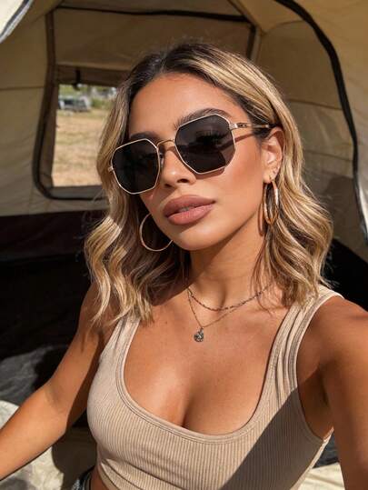 1 par de gafas de metal geométricas, adecuadas para todos los tipos de rostro, gafas de moda para mujer, regalo para vacaciones, compras diarias, accesorio para atuendo de vacaciones, playa de verano, actividades al aire libre, viaje