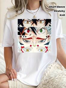 Anime Tops, Men's Tops, Women's T-Shirts, Unisex Style, Men's And Women's Tops1pc Anime-Inspired Geometric Eyes Print T-Shirt For Women, Casual Crew Neck Short Sleeve, Cotton Knit Fabric, Medium Stretch, Fashionable All-Season TopHot Blooded Anime Character Top, , Simple And Casual, Suitable For Daily Commuting, Suitable For Wearing At Parties, Cool And Personalized