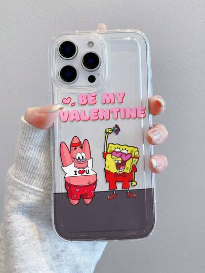  1pc Cartoon Cute Heart-Shaped Spongebob Letter Pattern Shock-Absorbing Perforated Phone Case, Compatible With Samsung/Compatible With IPhone 17/16/15/14/13/12/11 Pro Max/12 Pro/14 Plus And Other Models