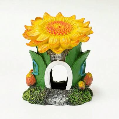 向日葵水族箱躲藏处装饰 - 树脂鱼缸洞穴屋摆件，小型鱼缸遮蔽处，适用于斗鱼/孔雀鱼水族箱