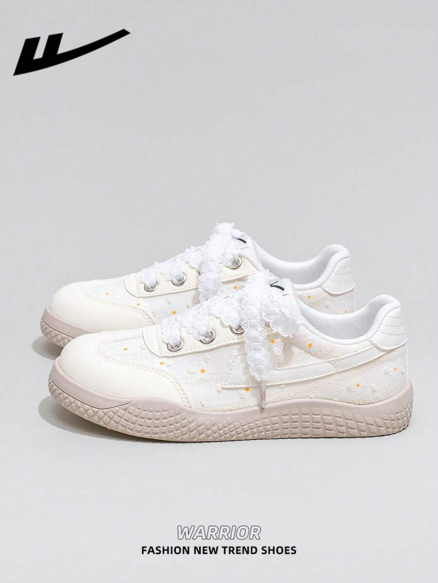 1 Pair WARRIOR Women's Thick Sole Lace-Up Soft Bottom Casual Shoes, Low-Top Outdoor Flat Shoes, Round Toe Low Heel Non-Slip Solid Color Elegant Soft Bottom Hiking Shoes, Suitable For Students, Graduation Photos, Flat Shoes, Low-Top Leather Sneakers - Light Yellow/beige - View 1