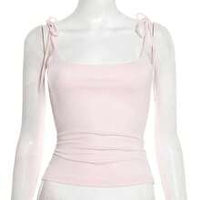 Cute Crop Pink Knitted Square Neck Cami For Women With Lace Up Straps Medium Stretch Summer Style - Pink - View 7