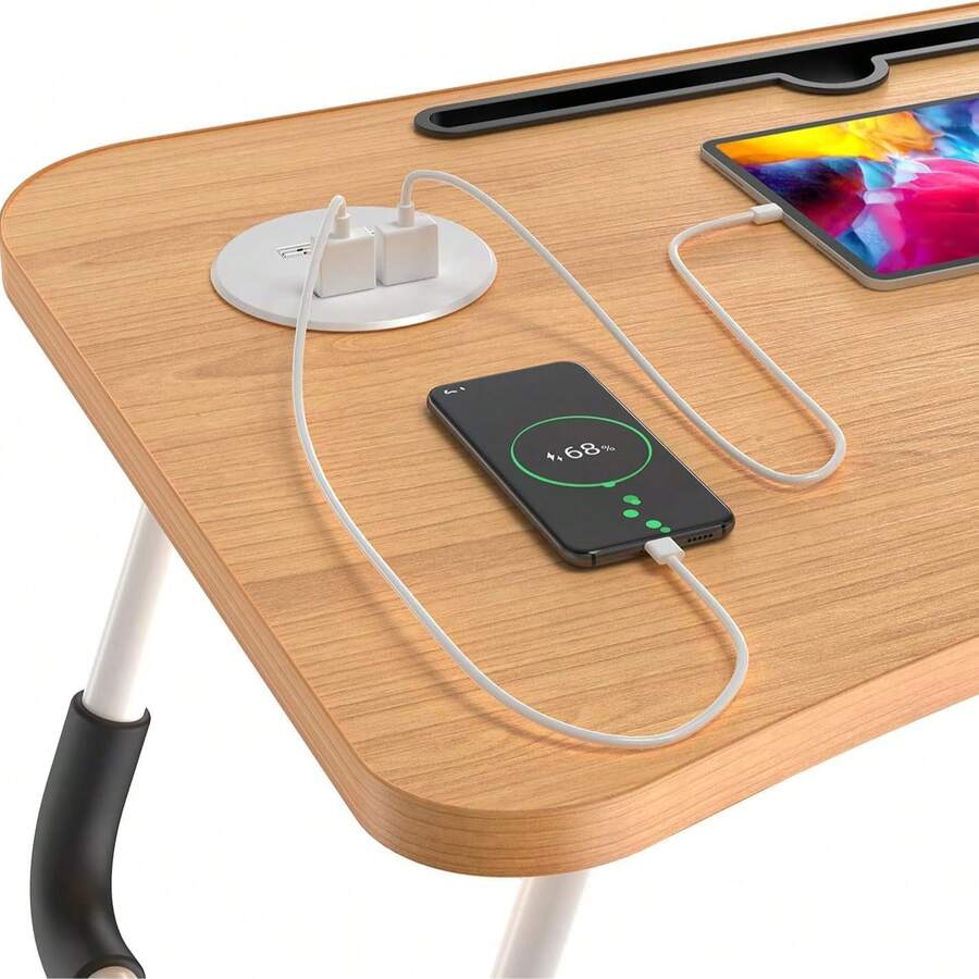 Mesa Cuadrada Pequeña, Mesa Plegable Multifunctional. You Can Put It In The Room And It Will Be Used For Use In The Dormitory. Tie A Support For Tablet And A Porta - Vasos, It Anti-Deslizante, Tiene A Ranura For Vasos And A Cajón.60*40*27CM - màu nâu - Xem 1