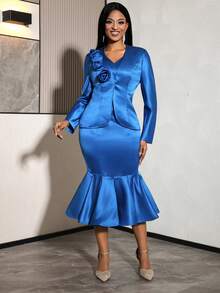 女士皇家蓝优雅两件套：长袖3D立体花卉西装外套搭配吊带鱼尾荷叶边中长连衣裙，修身OL复古两件套派对套装 - 藍色 - 查看 4