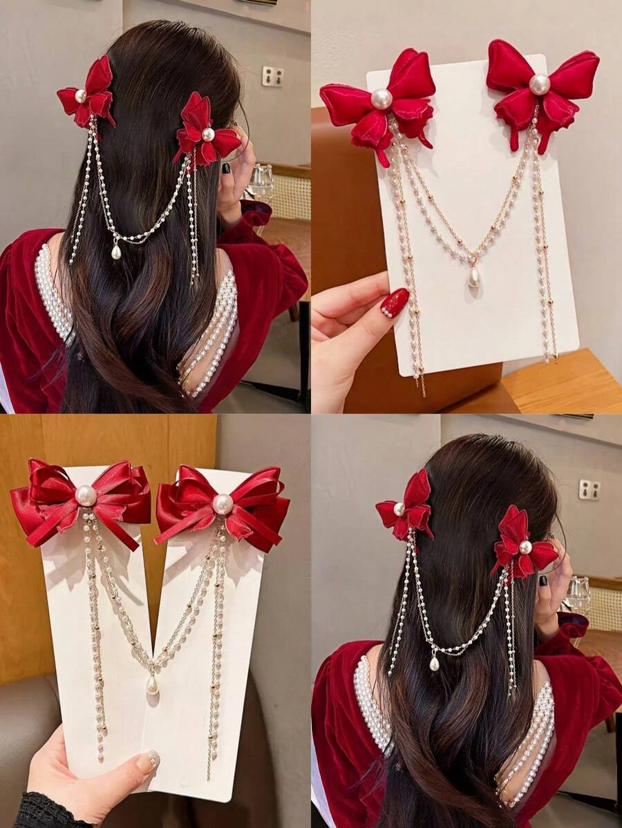 1 chiếc kẹp tóc tua rua nơ ngọc trai dành cho nữ, màu đỏ, kiểu Trung Quốc, phù hợp cho phái nữ, kẹp càng cua, kẹp tóc cài, kẹp tóc cài đầu, phụ kiện tóc cho nữ - Nhiều màu - Xem 1