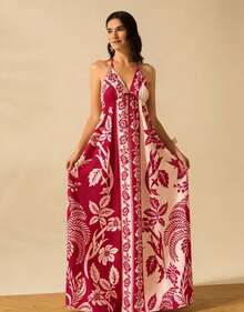 Women's Casual Summer Beach Dress With A Tropical Boho Print Of Flowers And Palm Trees And Thin Straps With Drawstring. - 鮮紅色 - 查看 2