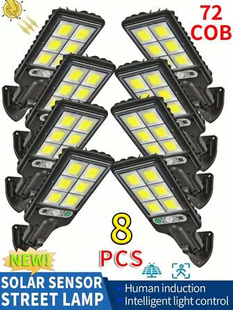 1/2/4/6/8 piezas Luces solares para exteriores, 7700W 6 paneles 72 lámparas COB, lámparas de pared y camping para patios, 3 modos de atenuación, batería de alta capacidad de 18650, material ABS, iluminación duradera para exteriores, resistente al agua, iluminación comercial, sensor de movimiento ajustable y control remoto, apta para calles comerciales, patios de casas, senderos exteriores, jardines, garajes e iluminación decorativa