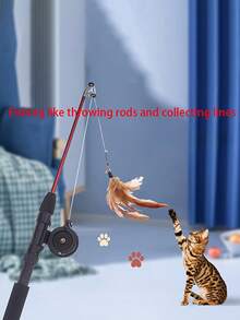 Interactive Cat Toy With Artificial Feathers And Extendable Fishing Rod, Suitable For Indoor And Outdoor Games, All Cat Training Equipment, Battery Free - Red - View 3