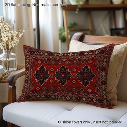 1pc Bohemian Persian Carpet Pattern Vintage Black & Red Symmetrical Floral Printed Cushion Cover (No Pillow Insert), Made Of Peach Velvet Fabric, Single-Sided Printing, 11.81*19.71in(30*50cm)/15.75*23.62in(40*60cm), Decorative Pillow Case For Sofa, Bed, Bedroom, Office, Hotel, All Seasons, Gift