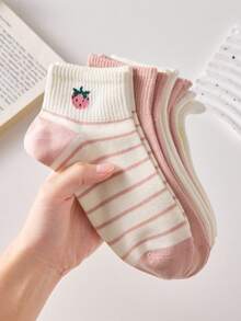 5 Pairs Women's Non-Slip Short Socks With Pink Cherry And Strawberry Patterns, Suitable For All Seasons