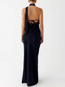 Women Scarf Maxi Dress Silk Halter Neck Tie Up Backless Bodycon Dress Cowl Back Draped Party Wedding Guest Cocktail Dresses With Neck Scarf - 深藍色 - 查看 3