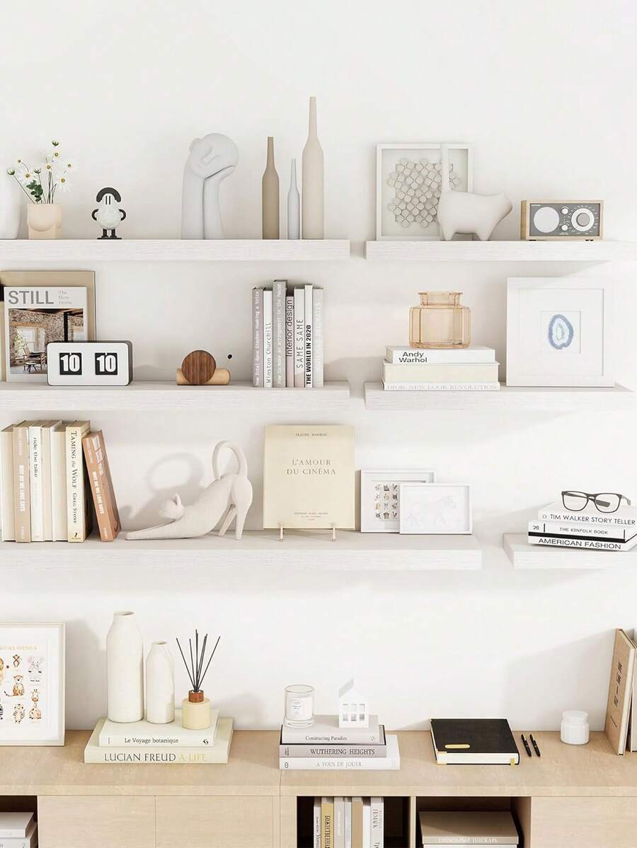 1 Set Wall Mounted Shelving Unit, Rustic Oak Wood Long Shelf Set, Suitable For Living Room, Bathroom, Laundry Room, Bedroom, Kitchen, Home Office - White - View 1