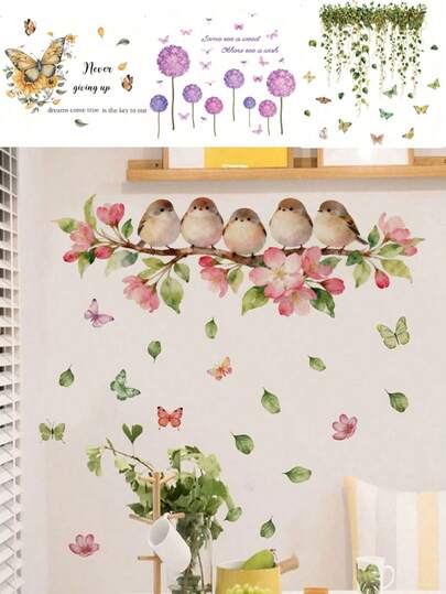 1 件装树枝、小鸟、蝴蝶、蒲公英、绿色植物壁纸 - 男孩/女孩房、婴儿房、客厅、卧室、窗户装饰墙贴 - 可移除、个性化礼物、创意墙面装饰