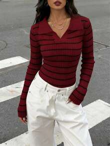 Fitted Striped Long Sleeve T-Shirt, American Style - Burgundy - View 4