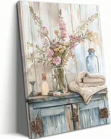 Arte de pared en lienzo azul para baño, decoración de pared de imagen de casa de campo rústica, pintura de flores silvestres rosadas para lavandería, pósteres impresos, obras de arte para decoración del baño - transparente - Ver 9