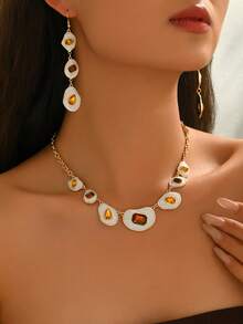 1 Set Of 2pcs Fashionable Classic Bohemian Style Geometric Multi-Color Enamel Inlaid Brown Faux Gemstone Necklace And Earrings Jewelry Set, Suitable For Women's Daily Commute, Social Gatherings, Vacation, Party, Versatile Accessory - Set - View 4