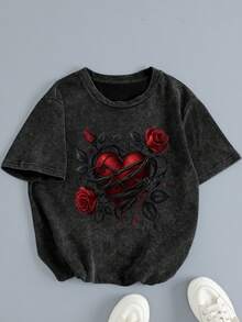 Áo thun nữ mùa hè bằng cotton đã giặt, in họa tiết ngộ nghĩnh phong cách đường phố, với họa tiết "Gai và hoa hồng đỏ, gai quấn vào trái tim", thời trang nữ retro Hàn Quốc thoải mái, đa năng phong cách Y2K, áo thun dáng rộng phong cách đường phố cá tính phong cách punk Y2K, áo thun ngắn tay nữ có thể giặt, màu đen thường ngày - màu đen - Xem 7