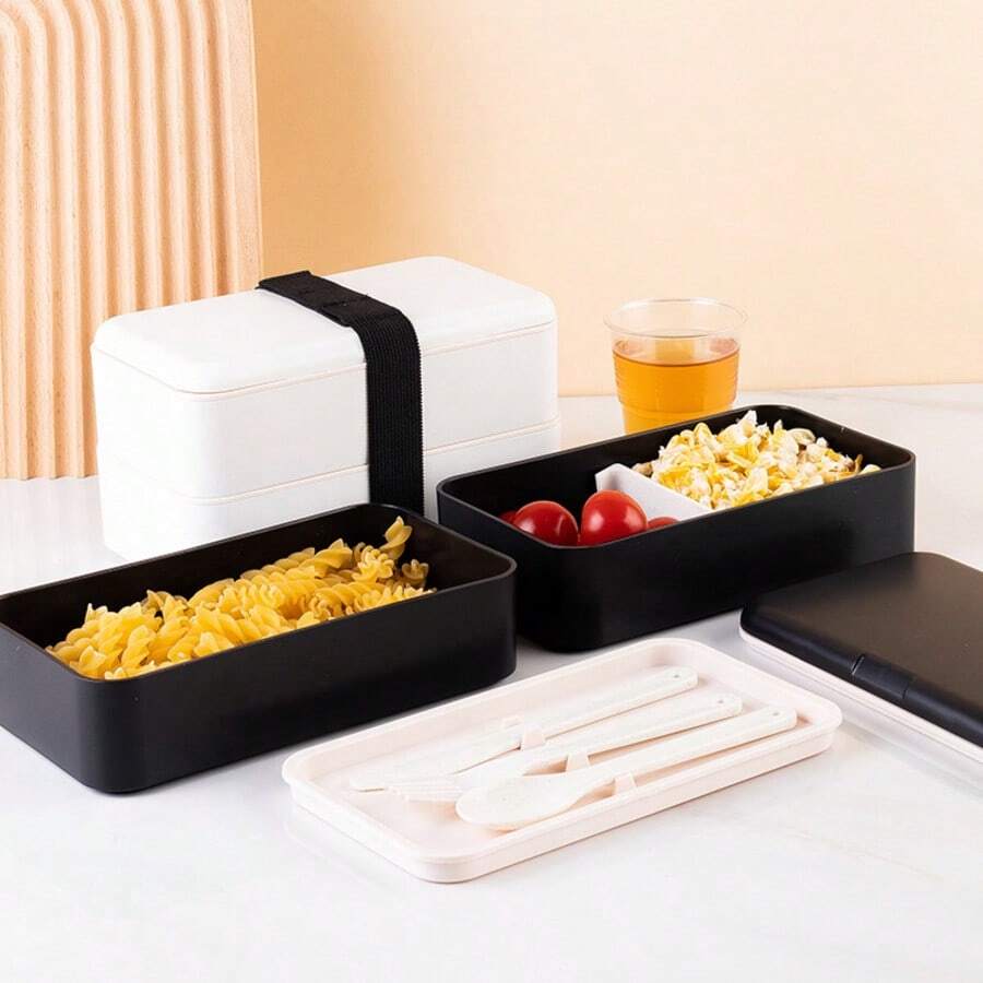 1 Set Dual-Layer Bento Box With Utensils, Meal Prep Container, Lunch Box Set, Adult Bento Box, Japanese Bento Box, Bamboo Lid Lunch Box, Snack Container, Reusable, Travel Essential, Suitable For Back To School, Work, Outdoor, Camping - Multicolor - View 1