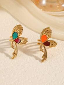 2pcs Gold Stainless Steel Exaggerated Butterfly Wing Dangle Elegant Women's Ring Set, Can Be Worn Individually Or Stacked, Non-Fading, Great Gift For Friends - Yellow Gold - View 1