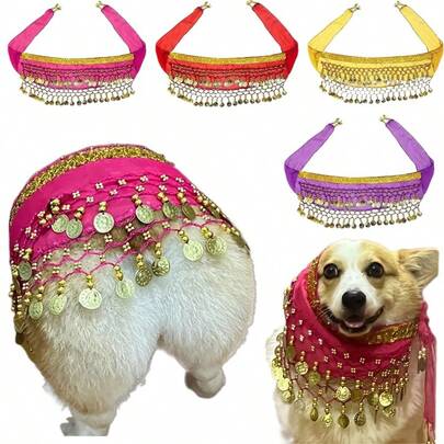 1pc Funny Belly Dance Style Pet Outfit Set - Shiny Bib For Good Luck, Adjustable Holiday Party Headband, Wagging Tail Decor, Suitable For Cats & Dogs, Machine Washable Pet Accessories