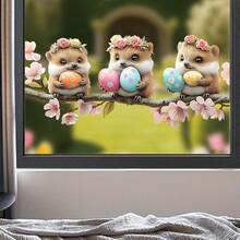 1片复活节装饰玻璃贴纸，采用乙烯基静电窗膜制成，印有可爱的刺猬和小鸟图案，可移除，适用于商店橱窗展示和复活节节日装饰。 - 彩色 - 查看 6