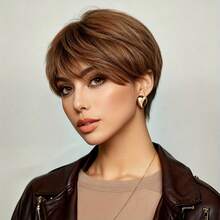 女士自然棕色短款精灵头真人发假发，带刘海 - 5英寸直发层次感，180%密度，无胶无蕾丝前额，机织玫瑰网帽假发，适合派对、活动、休闲装扮 - 优雅百搭发型 - S4 - 查看 3