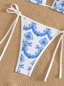Bộ bikini buộc dây hở lưng kiểu boho dễ thương dành cho nữ, làm từ chất liệu co giãn cao cấp với họa tiết hoa màu xanh dương. - trắng - Xem 4