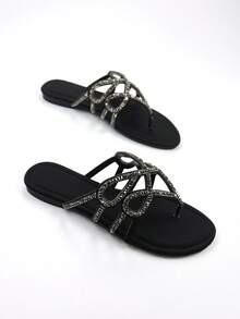 女士奢华全镶钻链条镂空装饰黑色莱卡面料舒适圆头平底拖鞋，适合日常穿着和派对场合