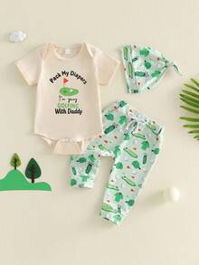 Conjunto de golf para bebé recién nacido de 0 a 12 meses: Empaquetando mis pañales, quot;Voy a jugar al golf con papáquot;, mameluco, pantalón y sombrero, conjunto de 3 piezas - Verde claro - Ver 1