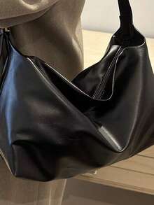 Retro Ins Casual Crossbody Bag, Large Capacity, Non-Adjustable Strap, Shoulder Tote Pleated Leather Satchel Bag, New Personalized Shoulder Messenger Bag For Men, Casual, Commute, Travel, School, College - Black - View 2