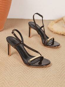 Nuevos tacones altos sexy de estilo francés de verano, sandalias de moda con punta puntiaguda, correa y hebilla metálica versátiles para mujeres - Negro 2 - Ver 6