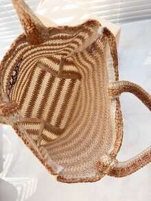 Prada Túi tote dệt sọc nâu và be, túi đựng mỹ phẩm, túi xách tay dung tích lớn, túi đeo vai dệt, túi đựng đồ ăn trưa thông thường, thích hợp cho đi biển, quà tặng sinh nhật. - màu nâu - Xem 5