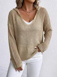 Plus Size Women's Solid Drop Shoulder Long Sleeve Hollow Out Hooded Sweater - Khaki - View 3