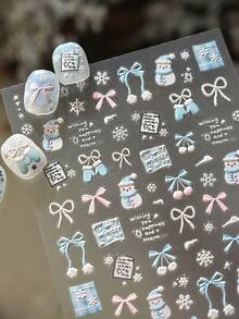 1片冬日梦幻雪人蝴蝶结美甲贴纸，美甲师必备，3D立体压纹箔片设计，卡通雪人和雪花美甲装饰，美甲用品，自粘可重复使用美甲贴纸，女士礼物，美甲护理，优雅美甲配饰礼品 - 淺藍色 - 查看 10