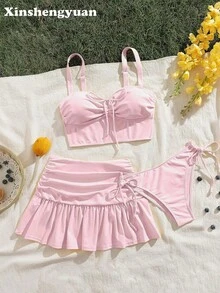 3件套/组 圣诞节、新年、情人节服装，显瘦纯色，性感，欧美时尚，波浪裙摆，荷叶边褶皱短裙，可拆卸泳垫，可调节肩带，可爱柔软休闲外出海边沙滩派对奢华比基尼套装 - 淺粉色 - 查看 11