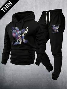 2pcs/Set Men's Hooded Sweatshirt And Sweatpants Set, Lightweight And Comfortable, Suitable For Spring And Autumn, Decorated With Cute Cartoon Bull And Rugby Ball Patterns. Suitable For Cheering For The Team During Matches, Daily Commute/Casual Wear, Relaxing At Home, And Various Sports Activities. Perfectly Combines Fan Enthusiasm, Comfort And Practicality. - Multicolor - View 1