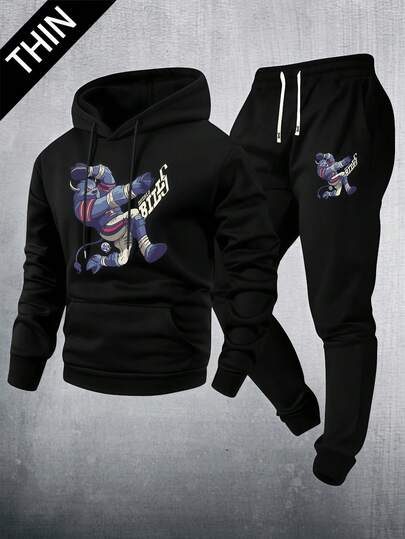 2 Stücke/Set Herren Kapuzenpullover und Jogginghose Set, leicht und bequem, geeignet für Frühling und Herbst, dekoriert mit süßen Cartoon Stier und Rugby Ball Mustern. Geeignet zum Anfeuern des Teams während der Spiele, für den täglichen Gebrauch/Lässig Wear, zum Entspannen Zuhause und für verschiedene Sportaktivitäten. Vereint perfekt Fanbegeisterung, Komfort und Praktikabilität.