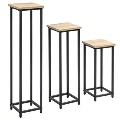 Outsunny 3-Piece Plant Stand Set, Flower Stool And Pot Holder, Steel, Black And Natural, For Garden And Balcony