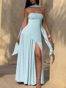 Đầm dài màu xanh dương không dây vai, thanh lịch, gợi cảm, xẻ tà, thích hợp cho nữ dự tiệc, kỳ nghỉ, du lịch, đám cưới, mùa xuân. - Màu xanh lam - Xem 2