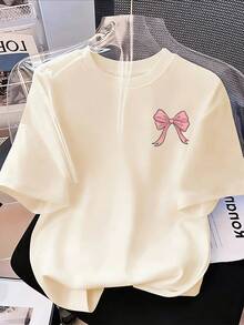 Tween Girl Bow & Book Print Round Neck Short Sleeve Casual Versatile T-Shirt - Apricot - View 3