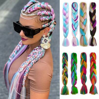 3 قطع شعر ضفيرة كبير 24 بوصة ذو ألوان نمط مبهجة - شعر اصطناعي ملون للضفائر سهل التركيب - مثالي للمهرجانات والملابس اليومية والتعبير عن الذات، شعر جنية ناعم وصحي 24 بوصة 3 قطع