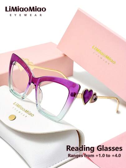 LiMiaoMiao Adecuado como regalo para el Día de San Valentín u otras festividades, gafas de lectura vintage con montura de ojo de gato con forma de corazón extra grande, gafas de lectura transparentes para ordenador, aumento de +1.0 a +4.0, con estuche y paño