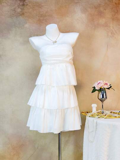 Happy Girl Elegant Casual Sleeveless Layered Cake Dress, Versatile For Spring/Summer, Vacation, Party, Dating, Travel, Solo Party, Airport, Stage And Concert, Conservative Elegant Casual Woven Fabric