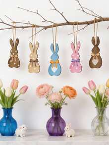 12个木制复活节兔子装饰品 - 带挂绳的摆件，适合用作复活节篮子填充物、春季派对装饰、木制兔子装饰品，也可用于手工制作和派对装饰 - 彩色 - 查看 3