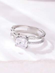 1pc Women's Fashion Minimalist Elegant Wedding Ring, Inlaid With Sparkling Synthetic Cubic Zirconia, Exquisite High-End Mother's Day, Valentine's Day, Christmas Gift, Minimalist Style Versatile Elegant Shiny Women's Jewelry - Silver - View 4