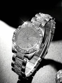 This 2 Pieces Luxury Women's Watch Set Includes A Silver-Tone Metal Band Quartz Watch And A Rose-Shaped Silver Bracelet With A Delicate Rose Pattern, Showcasing A Sparkling And Elegant Charm. Suitable For Various Occasions, Such As Christmas Dates, New Year Commuting, Evening Galas, And Daily Outings. - Silver - View 6