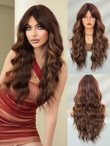 7JHH WIGS Brown Blonde Wig Long Loose Wavy Wig Middle Part With Curtain Bangs Dark Roots Natural Looking Synthetic Heat Resistant Fiber Hair Wigs For Women Daily Party Rave Use 26 Inch - 金色 - 查看 2