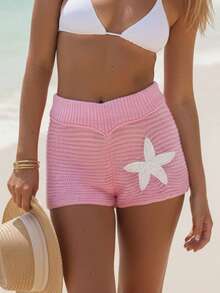 Women's Knit Shorts Casual Slim Fit Stylish Decorative Starfish Ribbed Elastic Mid Rise Shorts For Spring/Summer - Pink - View 2