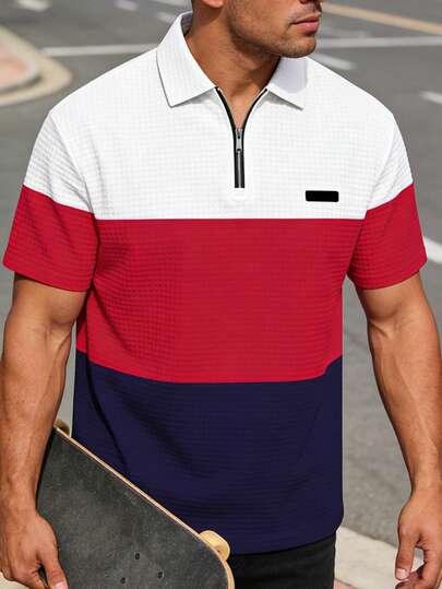 Tricou polo bărbătesc casual cu mânecă scurtă și fermoar în față, design minimalist, blocuri de culoare, imprimeu digital, potrivit pentru purtare zilnică și naveta, primăvară/vară