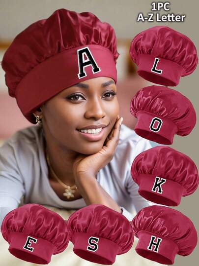 1PC A-Z Letters Women's Oversized Brimmed Silky Satin Bonnet, Stretchy Soft Comfortable Sleep Cap For Hairstyling, Daily Home Use Hair Sleep Cap
